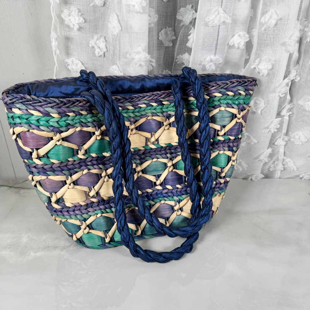 Vintage Cappelli Straworld Woven Tote Bag Shades of Blue Beachy Coastal Summer